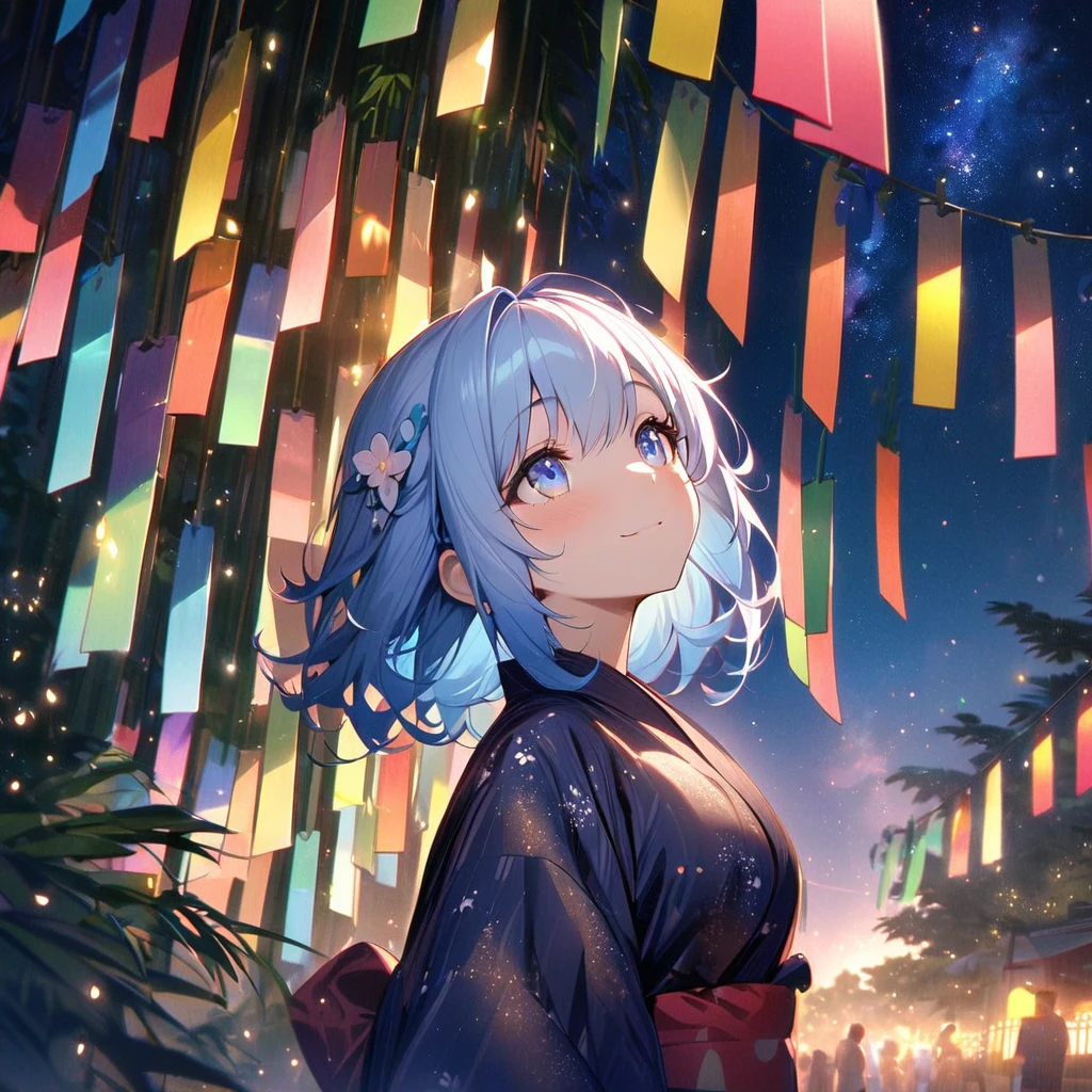 Best quality, masterpiece, Wishing Girl,light blue hair,blue eyes,wolf cut hair,cat ear,light smile, looking up at the sky, yukata, Milky Way, night view, Tanabata Festival, large tall bamboos and colorful hanging decoration,gold light particles effect