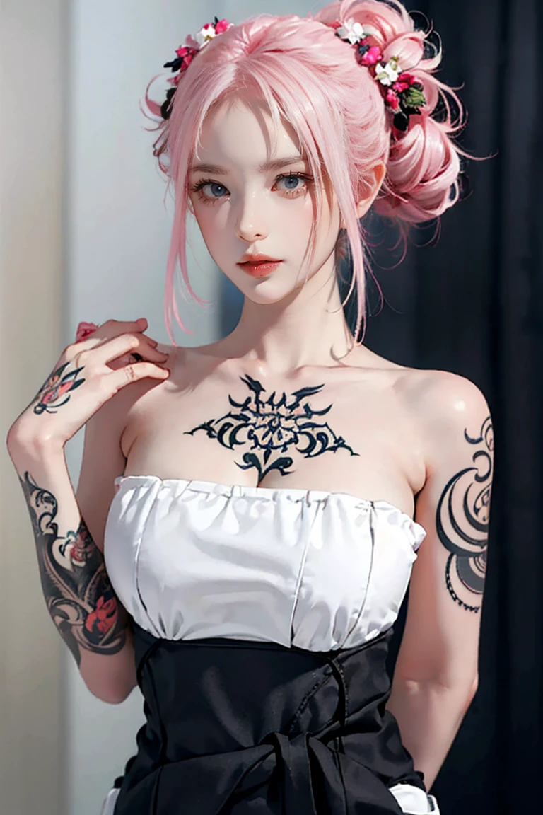 (Chest puffing pose),(Random Hairstyles),(Best image quality,(8K),Ultra-realistic,最high quality, high quality, High resolution, high quality,Attention to detail,Beautiful details,Fine details,Extremely detailed CG,Detailed Texture,Realistic facial expressions,masterpiece,in front),Bodysuits,stockings,Pink Hair, ,, (((Tight waist))), ((Big Breasts)),(See-through),(((He has many tattoos all over his body)),