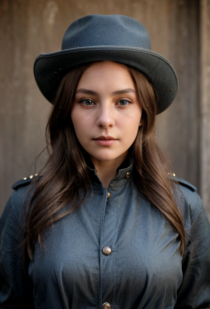 Young woman, dark blonde hair, brown eyes. She lives in 1899. She wears a hat of a general of the 7th Cavalry. Her jacket is blue brown.