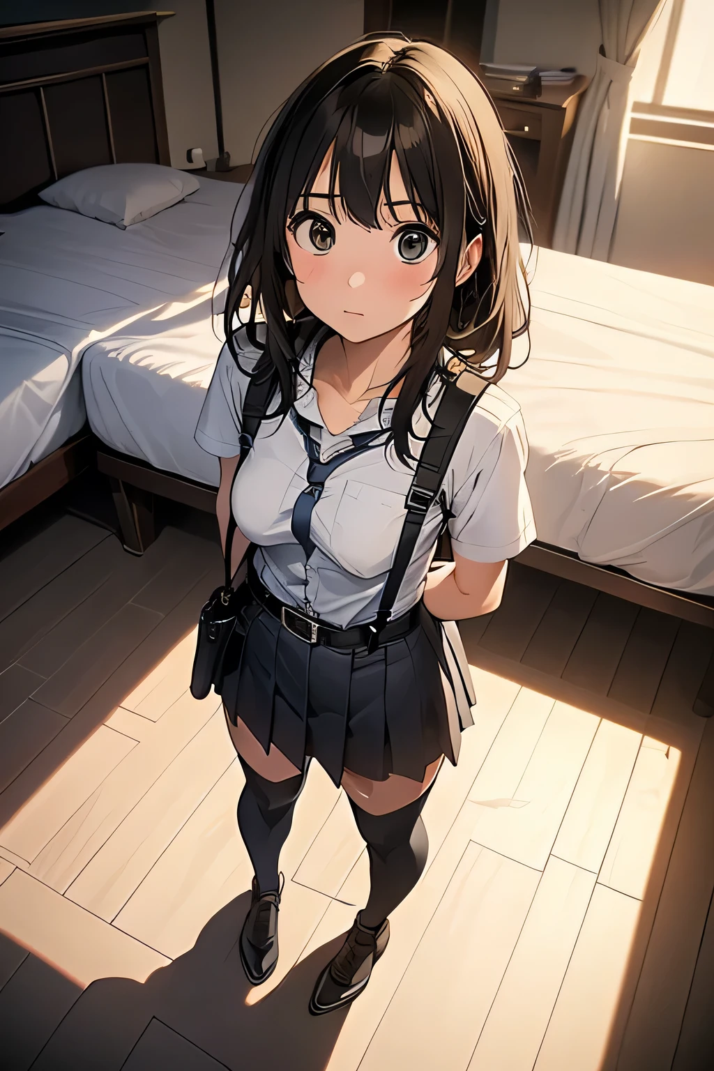 1 female, , high quality, masterpiece, Ultra-high resolution, , Cinema Lighting, , , And the suspenders with the cranes flying Moderate breasts Large Breasts Small face holster Lying in bed Looking up Sweat belt summer 脇Sweat Black Hole Gloves suit garterbelt Leg Links ズボンにbelt holster Hands behind your back Anxious expression Looking up Anxious face Knee-high Knee socks Knee-highソックス garterbelt garter ふとももにgarterbelt Checkered mini skirt tie
