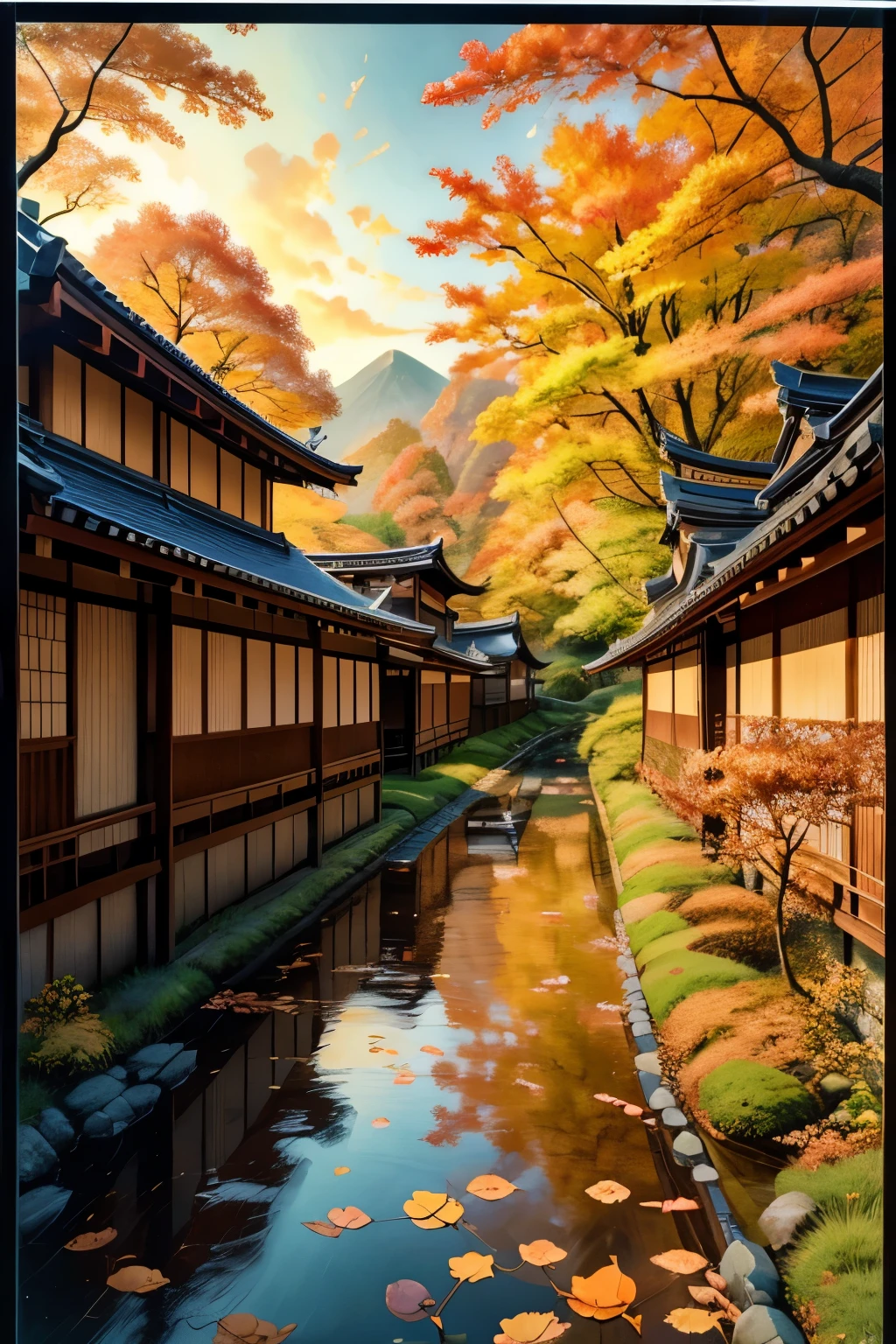 Oil painting of Kawase Rensui in autumn, Idyllic Japanese countryside. [middle] displays texture layers; Environments such as fallen leaves and wooden houses; The light is a golden sunset; The colors are warm brown and orange; I feel nostalgic; The configuration is balanced with streams; Viewing angle is side view. addition, 8K, —Chaos 100 —Strange 350 —Q 2 —S 750 —Primitive Style