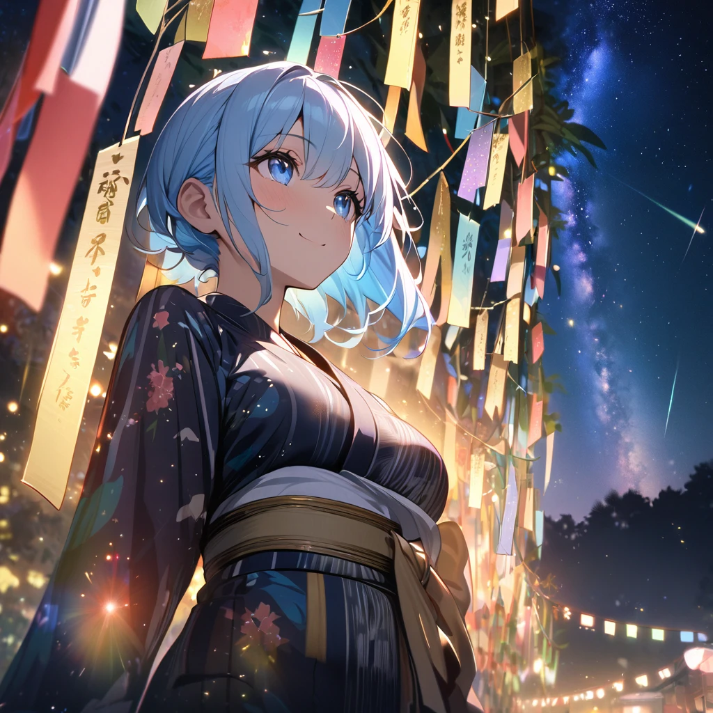 Best quality, masterpiece, Wishing Girl,light blue hair,blue eyes,wolf cut hair,cat ear,smile, looking up at the sky, yukata, Milky Way, night view, Tanabata Festival, large tall bamboos and colorful hanging decoration,gold light particles effect