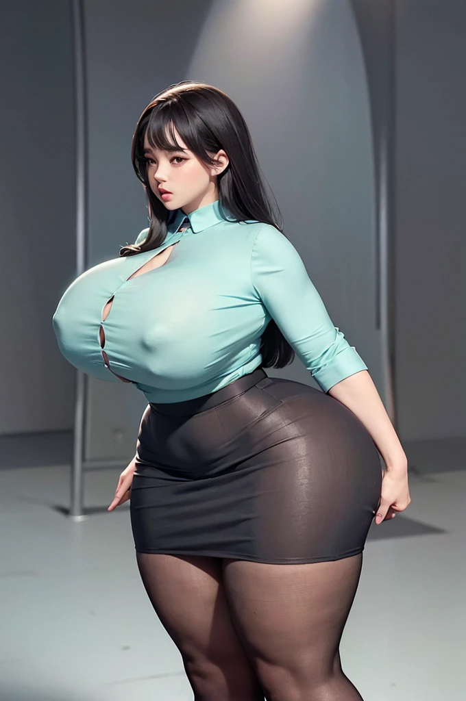 A curvaceous, cute and skinny super large biggest thick ass realist secretary , dressed in a tight-fitting skirt that hugs her voluptuous large and thick hips and round huge thick ass behind. perky breasts, which are just barely contained within the constraints of her buttoned-up attire. pantyhose, big and thick and ass, large and thick hips