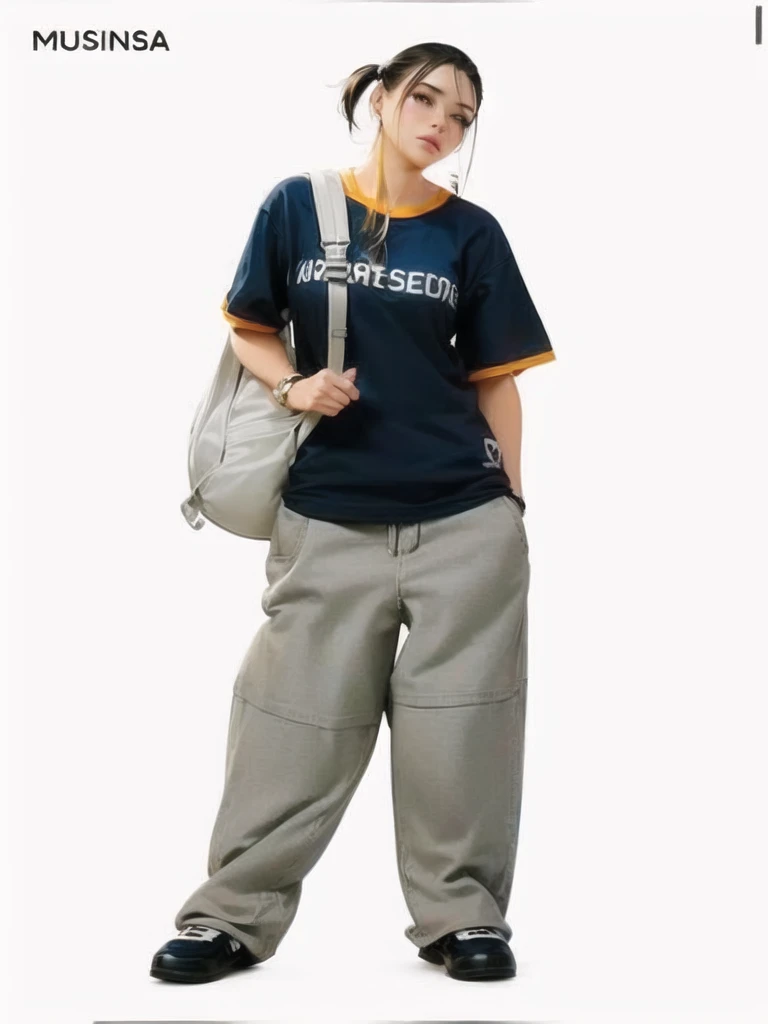 arafed woman in a blue shirt and gray pants with a backpack, modern casual clothing, baggy, baggy pants, casual modern clothing, wearing a baggy, casual clothing style, casual streetwear, cute casual streetwear, baggy clothing and hat, casual clothing, trending on r/streetwear, multilayered outfit, 2 color, large pants