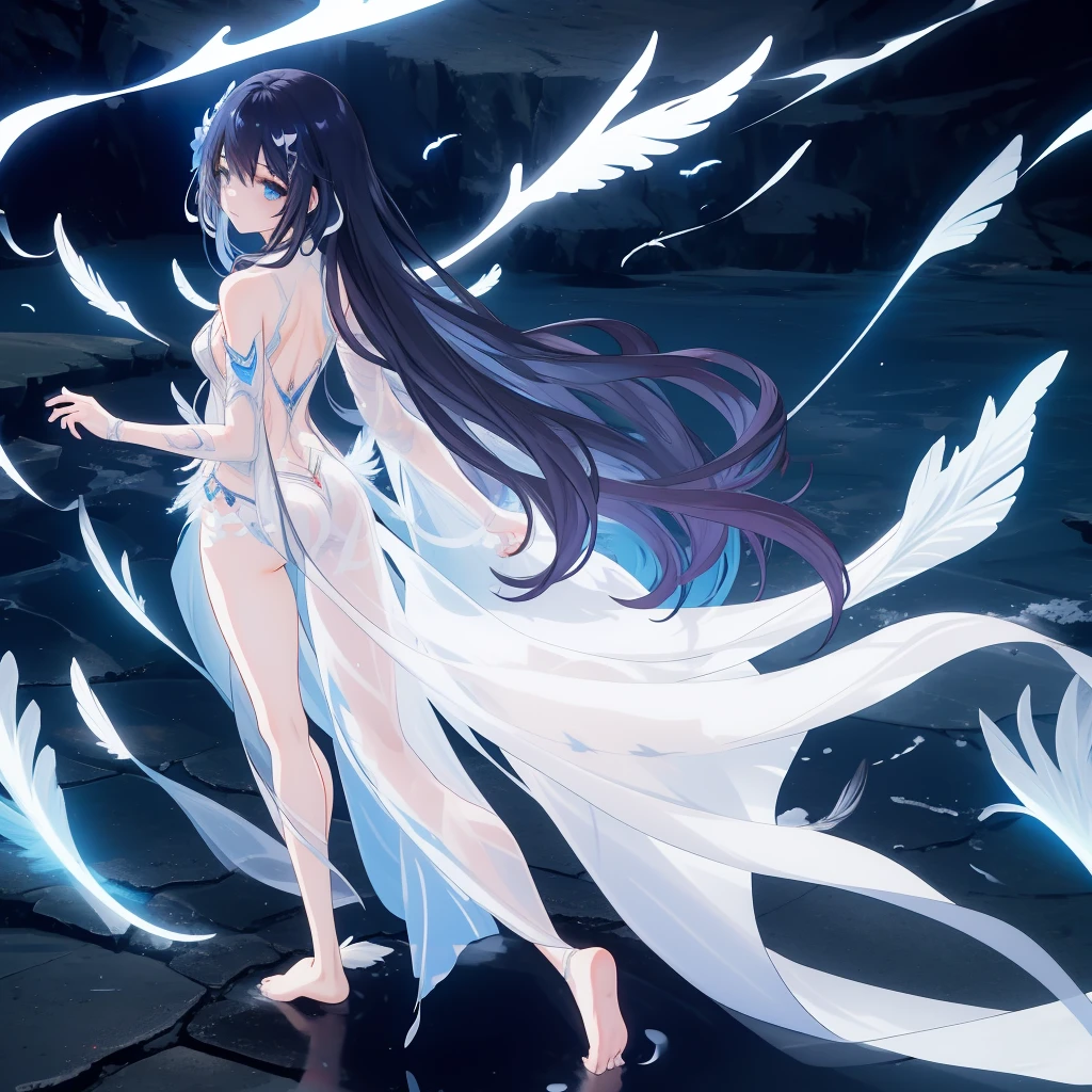 ((A far view)) of a anime girl, (standing in the water), cinematic light, slim body with curves, skin perfectly white, soft, and smooth, Extremely delicate and beautiful CG illustration, best quality, high resolution, dynamic angle, full-length lens, (1 girl), soft light, high-key lighting), glowing light, blue aura, feathers fluttering background, blue crystal, black long hair, barefoot