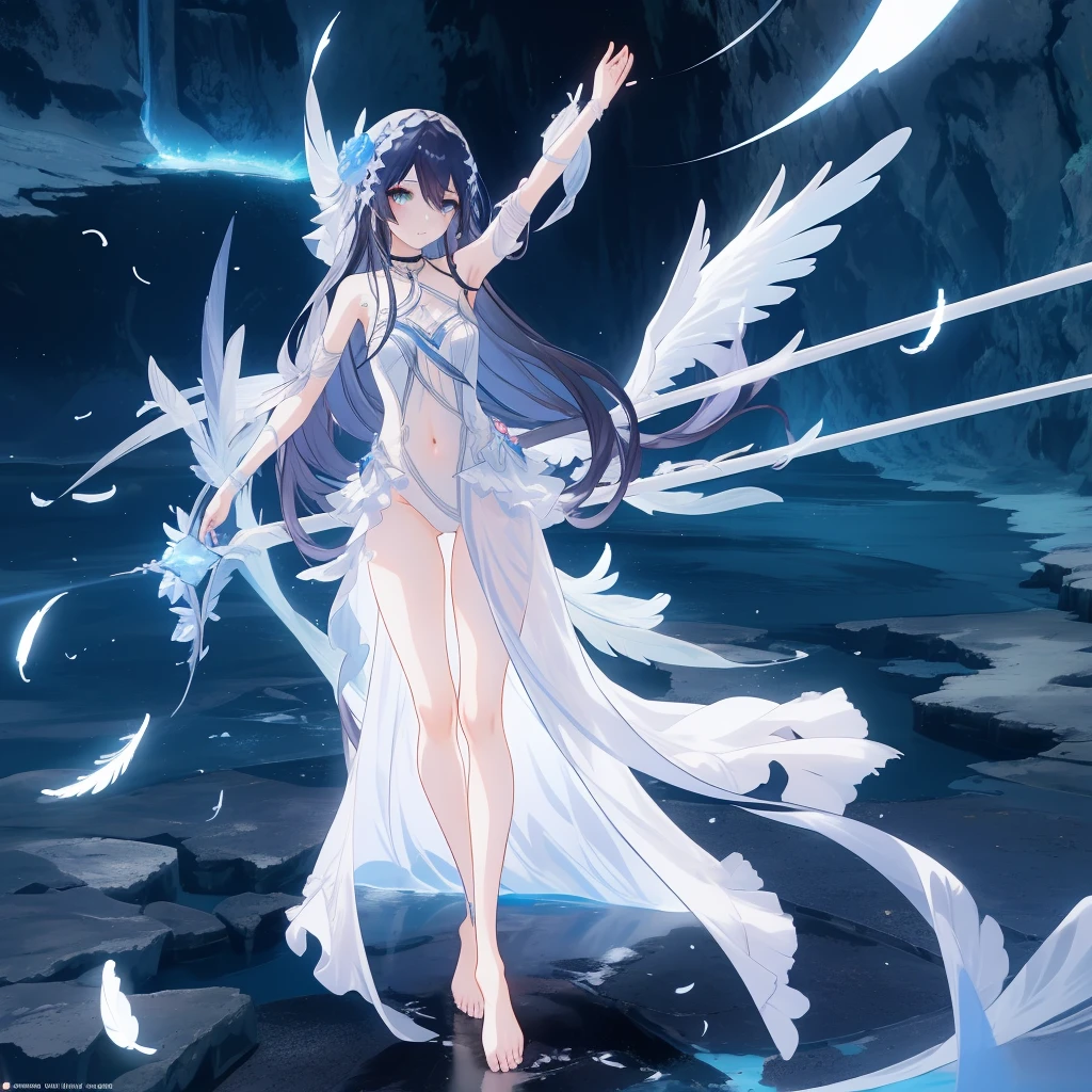 ((A far view)) of a anime girl, (standing in the water), cinematic light, slim body with curves, skin perfectly white, soft, and smooth, Extremely delicate and beautiful CG illustration, best quality, high resolution, dynamic angle, full-length lens, (1 girl), soft light, high-key lighting), glowing light, blue aura, feathers fluttering background, blue crystal, black long hair, barefoot