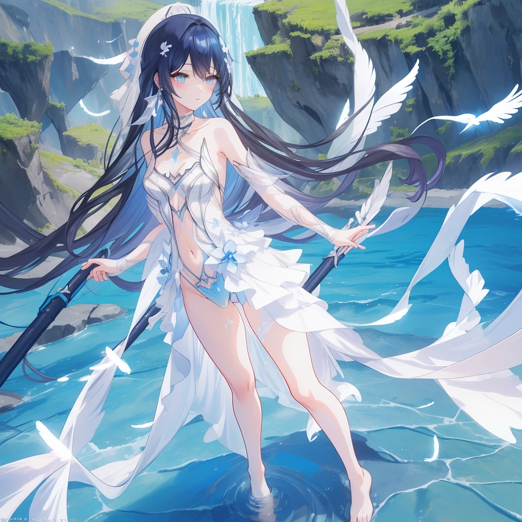 ((A far view)) of a anime girl, (standing in the water), cinematic light, slim body with curves, skin perfectly white, soft, and smooth, Extremely delicate and beautiful CG illustration, best quality, high resolution, dynamic angle, full-length lens, (1 girl), soft light, high-key lighting), glowing light, blue aura, feathers fluttering background, blue crystal, black long hair, barefoot