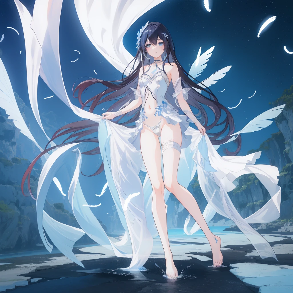 ((A far view)) of a anime girl, (standing in the water), cinematic light, slim body with curves, skin perfectly white, soft, and smooth, Extremely delicate and beautiful CG illustration, best quality, high resolution, dynamic angle, full-length lens, (1 girl), soft light, high-key lighting), glowing light, blue aura, feathers fluttering background, blue crystal, black long hair, barefoot