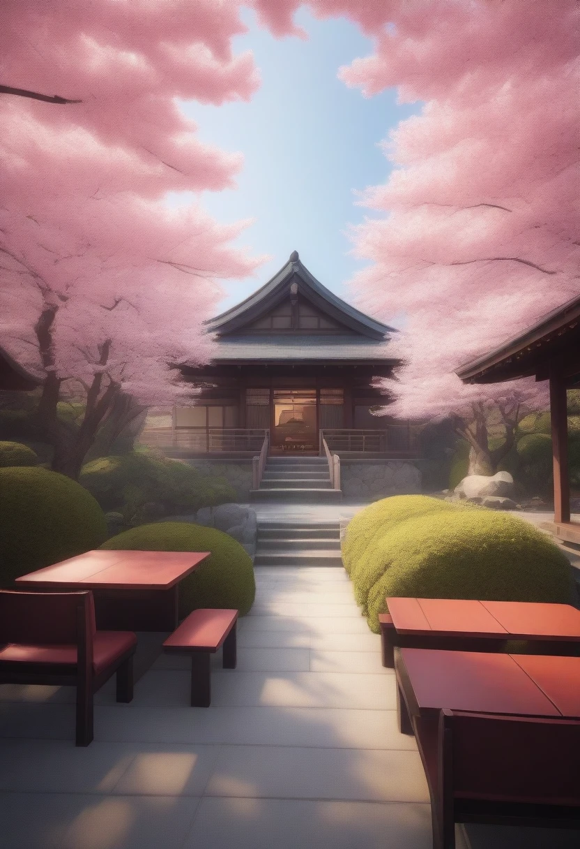 landscape Japanese restaurant Sakura without people 8K, Best quality, masterpiece, Ultra high resolution