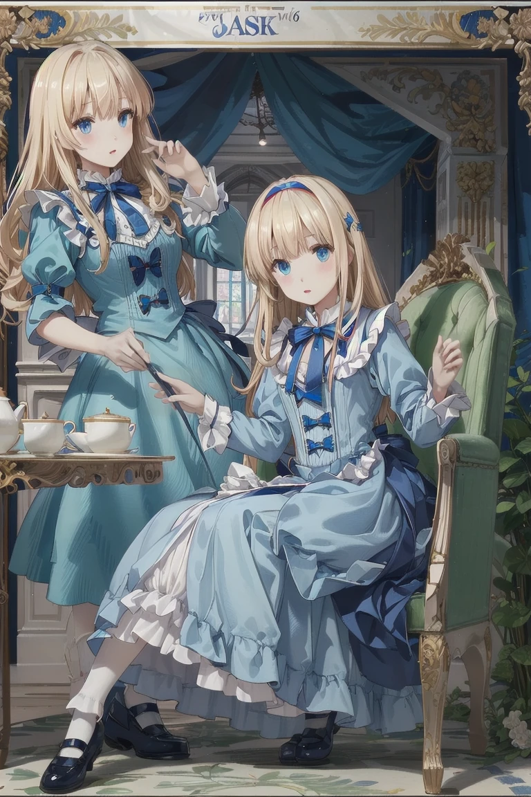 (Official Art、Highest quality、Unity 8k wallpaper、32k、masterpiece、Ultra-detailed、Ultra-high resolution)、Fantastic、((Alice in Wonderland))、Blonde、Tie your hair with a ribbon、Blue colored eyes、Blue Apron Dress、White socks、Trump、Usagi