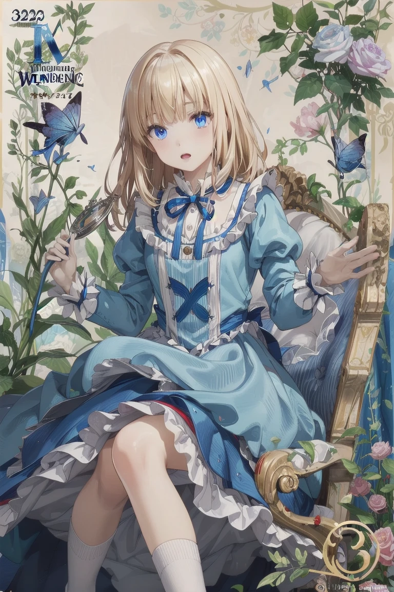 (Official Art、Highest quality、Unity 8k wallpaper、32k、masterpiece、Ultra-detailed、Ultra-high resolution)、Fantastic、((Alice in Wonderland))、Blonde、Tie your hair with a ribbon、Blue colored eyes、Blue Apron Dress、White socks、Trump、Usagi