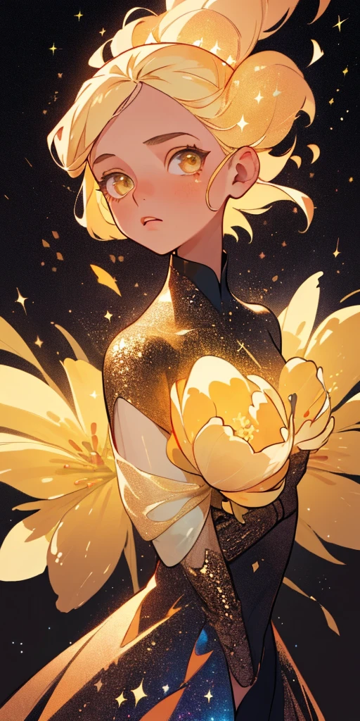 (best quality, masterpiece), 1girl, galaxy, glitter, dress, particle, wind, flower, upper body, dark simple background, looking at viewer, blonde,