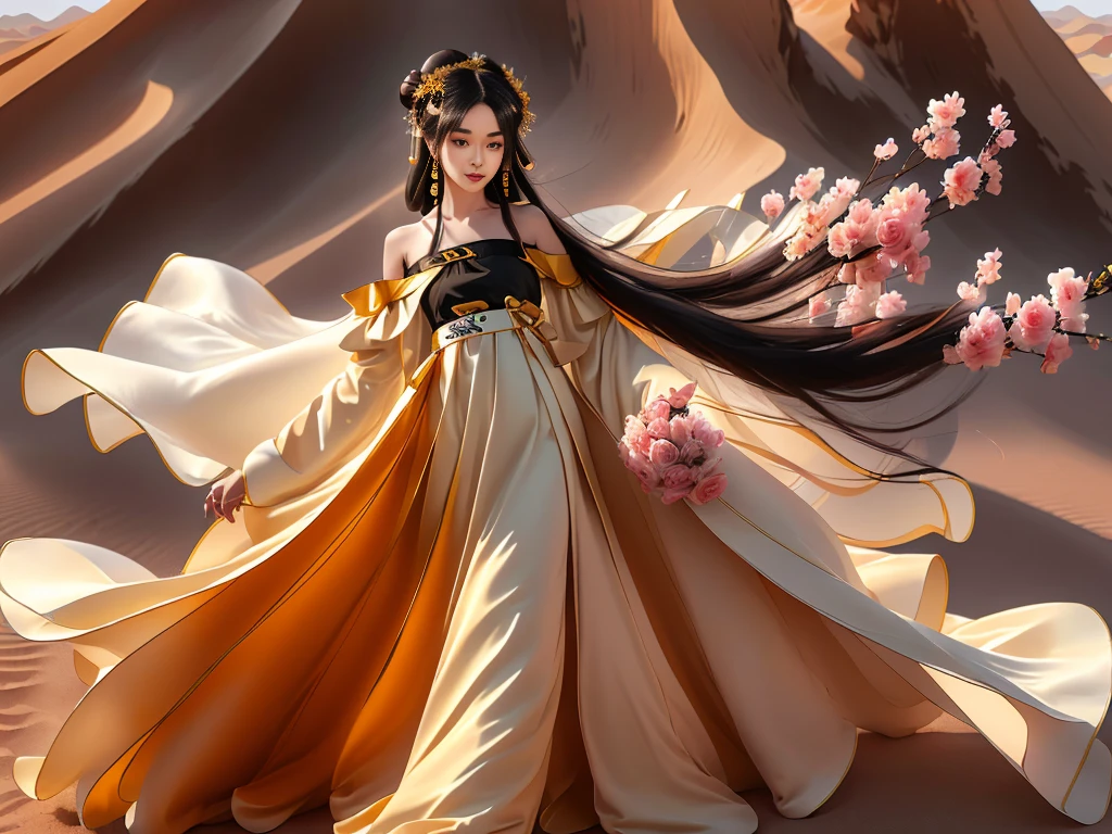 Girl in traditional Chinese clothing, Hanfu, Guzhen Hanfu women, White Hanfu,(long straight black hair:1.5), black eyes, black bun hairstyle, hair accessories ,gold long earrings, , Dia Necklace, Clear eyes, Facing forward,put on makeup, Long eyelashes ,(black long shoulder coat:1.8), (Very long skirt, black:1.5), ((Whole body covering)), Clear face, hair accessoriesจำนวนมาก , (Very beautiful face, Beautiful mouth, beautiful eyes), detailed face, ((Ultra-fine skin)), In the dark, deep shadows, an ancient Chinese girl (Very slim figure 1.3) ,Plump breasts, elegant posture , There is a red flower spot on the forehead. , pointing at the camera, (desert:1.5),