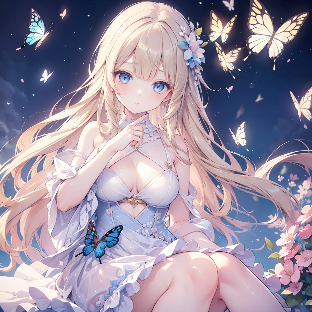 A beautiful adult girl, kawaii style, light brown long hair with bangs, piercing blue eyes, butterflies flying around her, delicate detailed face, elegant expression, colorful fantasy landscape background, soft lighting, pastel colors, vibrant, dreamlike, highly detailed, photorealistic, 8K, masterpiece