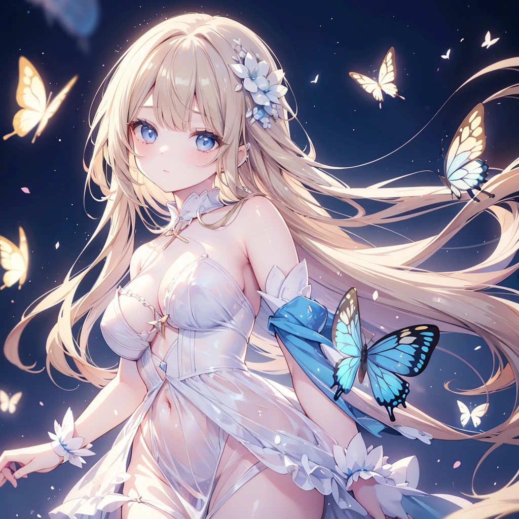 A beautiful adult girl, kawaii style, light brown long hair with bangs, piercing blue eyes, butterflies flying around her, delicate detailed face, elegant expression, colorful fantasy landscape background, soft lighting, pastel colors, vibrant, dreamlike, highly detailed, photorealistic, 8K, masterpiece