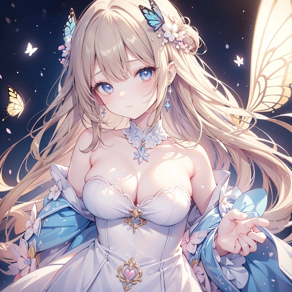 A beautiful adult girl, kawaii style, light brown long hair with bangs, piercing blue eyes, butterflies flying around her, delicate detailed face, elegant expression, colorful fantasy landscape background, soft lighting, pastel colors, vibrant, dreamlike, highly detailed, photorealistic, 8K, masterpiece
