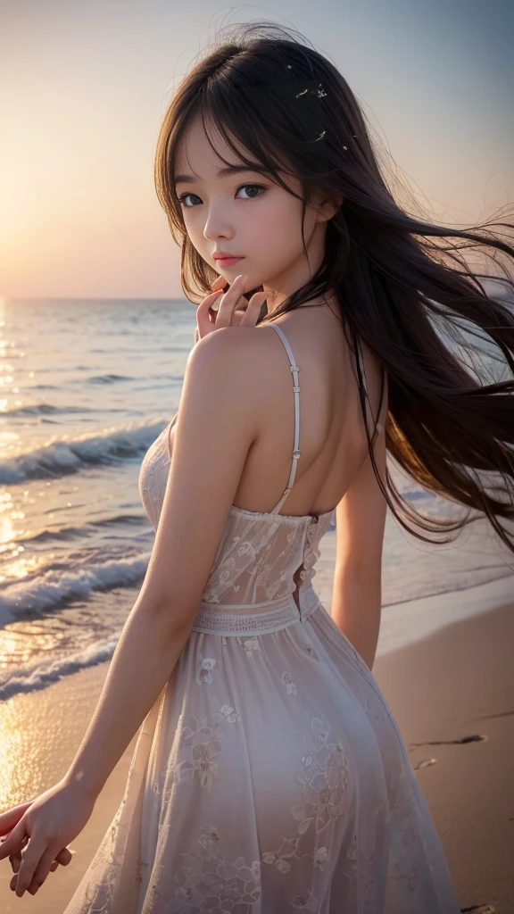 Japanese Girls, (Baby-faced beautiful girl:1.2, Idol Face), Delicate skin, Delicate areas, Detailed Description, Beautiful Eyes, Calm scenery, Beautiful beach with a promenade, Fluffy white clouds in a blue sky, The sound of waves crashing on the shore, A summer breeze carrying the scent of the season. , Bright sunlight emitting a warm glow, (Flowing, smooth hair, Hair blowing in the wind:1.3), (Highest quality, 4K, 8K, High resolution, masterpiece: 1.2), Very detailed, (Realistic, Realistic, Realistic: 1.37), (Detailed facial features, Beautiful attention to detail, Beautiful lip detail, Very detailed目と顔), (Professional photography techniques), Beautiful breasts, Small beautiful butt, Slender body line, ((Long eyelashes, double eyelid)), Calm, quiet, peaceful, Idyllic, Warm colors, Golden Hour Lighting, Cinematic, dream-like, Nostalgia, landscape, Natural light, (Detailed hands:1.2, Beautiful little hands of a girl:1.3, Cute hand signs:1.5)