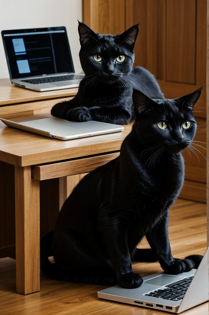 Black cat looking at a laptop working and swearing