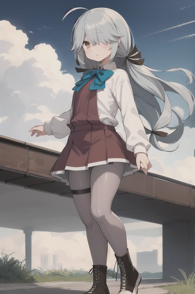 One girl, alone,  
Hama Wave \(Kantai Collection\), Ahoge,
Hair above the eyes, Hair on one eye,
Hair Ribbon, Single Blade, Hair that falls over the shoulders,
, dress, Halter neck, White shirt, bow, bowtie, Grey pantyhose, boots, Brown footwear,
Outdoor,