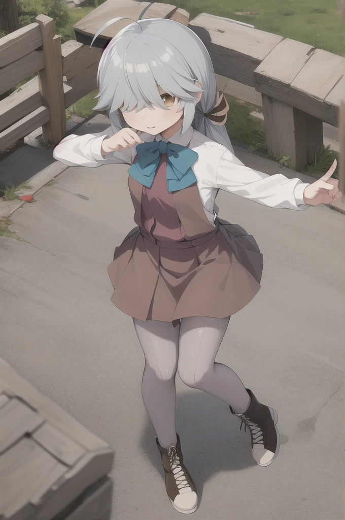One girl, alone,
Hama Wave \(Kantai Collection\), Ahoge,
Hair above the eyes, Hair on one eye,
Hair Ribbon, Single Blade, Hair that falls over the shoulders,
, dress, Halter neck, White shirt, bow, bowtie, Grey pantyhose, boots, Brown footwear,
Outdoor,