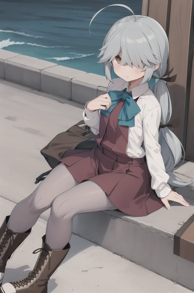 One girl, alone,  
Hama Wave \(Kantai Collection\), Ahoge,
Hair above the eyes, Hair on one eye,
Hair Ribbon, Single Blade, Hair that falls over the shoulders,
, dress, Halter neck, White shirt, bow, bowtie, Grey pantyhose, boots, Brown footwear,
Outdoor,