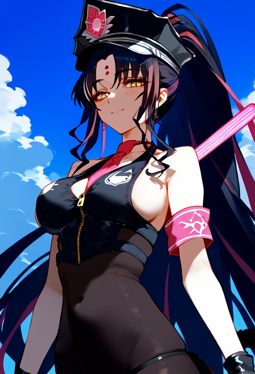 anime artwork, score_9, score_8_up, score_7_up, score_6_up, score_5_up, score_4_up,Kiara_SwimsuitVtwo, yellow eyes, multicolored hair, streaked hair, long hair, high ponytail, forehead mark, facial mark, swimsuit, black bikini, front zipper swimsuit, black pantyhose, torn pantyhose, halterneck, police hat, armband, pantyhose, covered navel, fingerless gloves, black gloves, pink necktie, bare shoulders, collarbone \\\\\\ \\\\\ , cat lingerie, paws gloves, cat tail, the pose, , claws, naughty face, sky background