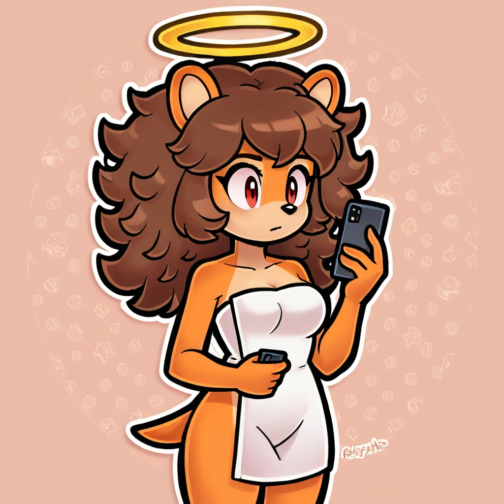 (score_9, score_8_up), solo, mobian, hedgehog, two-tone fur ((orange fur, brown fur)), wrapped in towel, medium breasts, two-tone hair (brown hair, black tip)), curly hair, halo, red eyes, longeyelashes, red eyes, holding phone