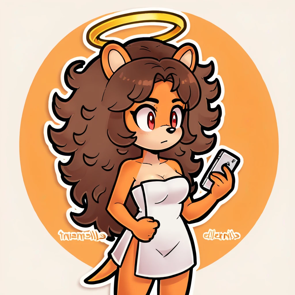 (score_9, score_8_up), solo, mobian, hedgehog, two-tone fur ((orange fur, brown fur)), wrapped in towel, medium breasts, two-tone hair (brown hair, black tip)), curly hair, halo, red eyes, longeyelashes, red eyes, holding phone