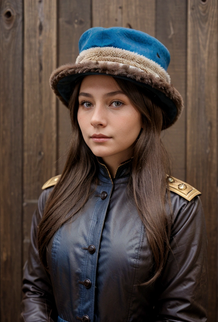 Young woman, dark blonde hair, brown eyes. She lives in 1899. She wears a feathered hat of a general of the 7th Cavalry. Her jacket is blue brown.