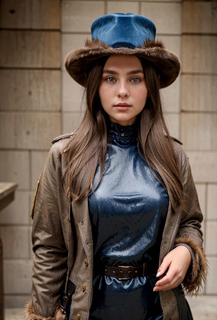 Young woman, dark blonde hair, brown eyes. She lives in 1899. She wears a feathered hat of a general of the 7th Cavalry. Her jacket is blue brown.