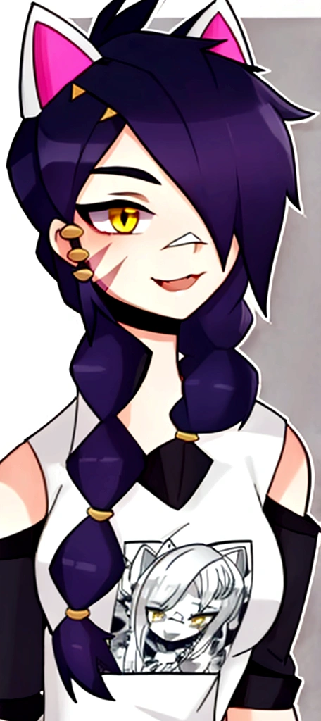 1 girl, Alone, wide, looking at the viewer, black fur, bandage on face, yellow eyes, animal ears, SMILE, bandage on nose, braid, cat ears, bandage, hits, old, fake animal ears, simple background, Open mouth, canine, , bare shoulders, SCAR, teeth, shirt, bare shoulders, white shirt, short sleeves, Closed mouth, t-shirt, hair over one eye, portrait, if, hair over the shoulder, Bermuda,