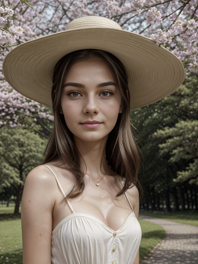 (8k, highest quality, ultra detailed:1.37), (Lena), 18yo, (a beautiful German college girl), takes a leisurely stroll through a lush green park. She wears a Casual Dress and a stylish Hat, accentuating her elegant style. The high-resolution image captures ultra-detailed realism, highlighting Lena's captivating eyes, long eyelashes, and smooth complexion. The natural beauty of the park, with trees and flowers in full bloom, adds to the serene atmosphere, creating a visually stunning representation of tranquility and nature.