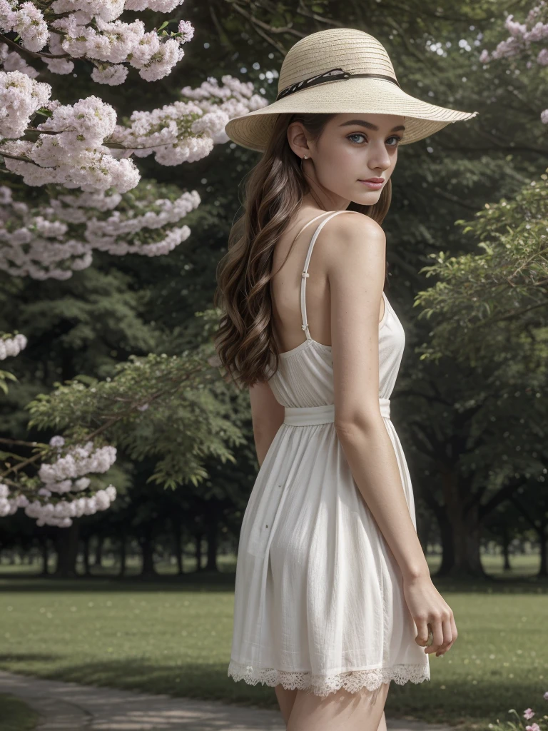 (8k, highest quality, ultra detailed:1.37), (Lena), 18yo, (a beautiful German college girl), takes a leisurely stroll through a lush green park. She wears a Casual Dress and a stylish Hat, accentuating her elegant style. The high-resolution image captures ultra-detailed realism, highlighting Lena's captivating eyes, long eyelashes, and smooth complexion. The natural beauty of the park, with trees and flowers in full bloom, adds to the serene atmosphere, creating a visually stunning representation of tranquility and nature.