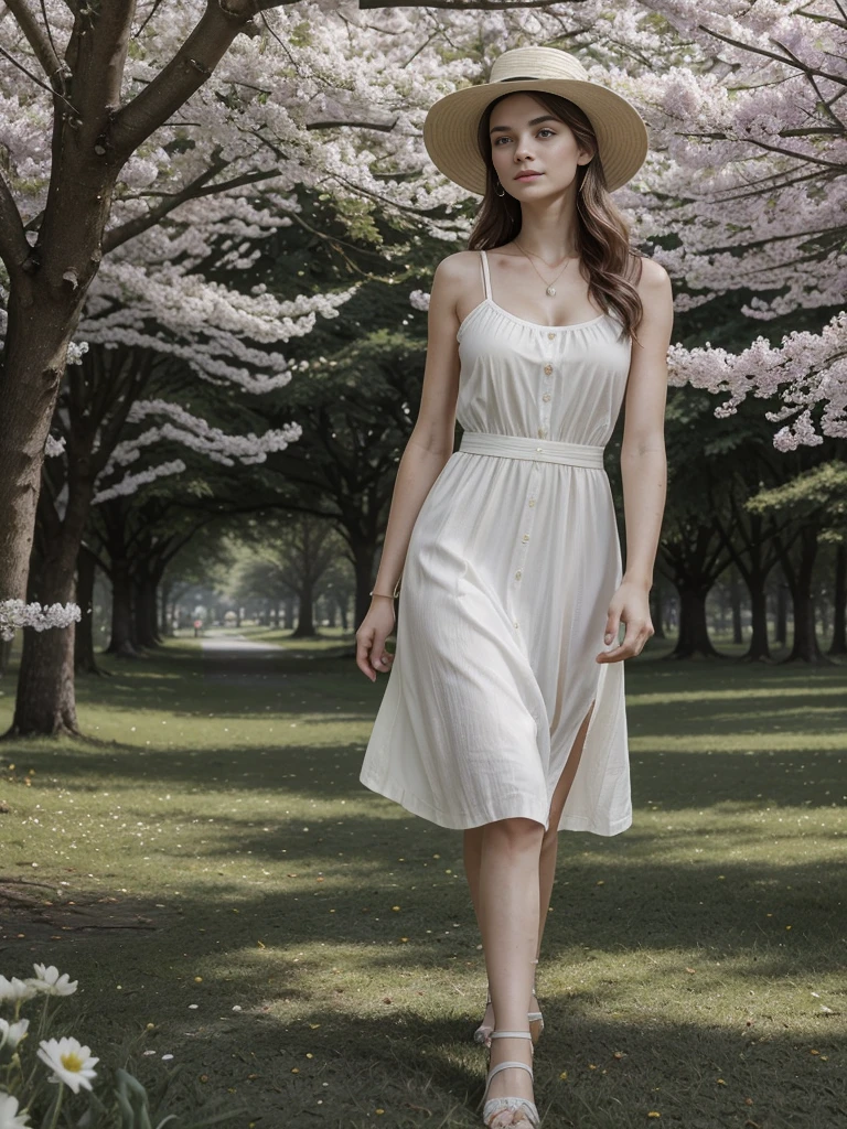 (8k, highest quality, ultra detailed:1.37), (Lena), 18yo, (a beautiful German college girl), takes a leisurely stroll through a lush green park. She wears a Casual Dress and a stylish Hat, accentuating her elegant style. The high-resolution image captures ultra-detailed realism, highlighting Lena's captivating eyes, long eyelashes, and smooth complexion. The natural beauty of the park, with trees and flowers in full bloom, adds to the serene atmosphere, creating a visually stunning representation of tranquility and nature.