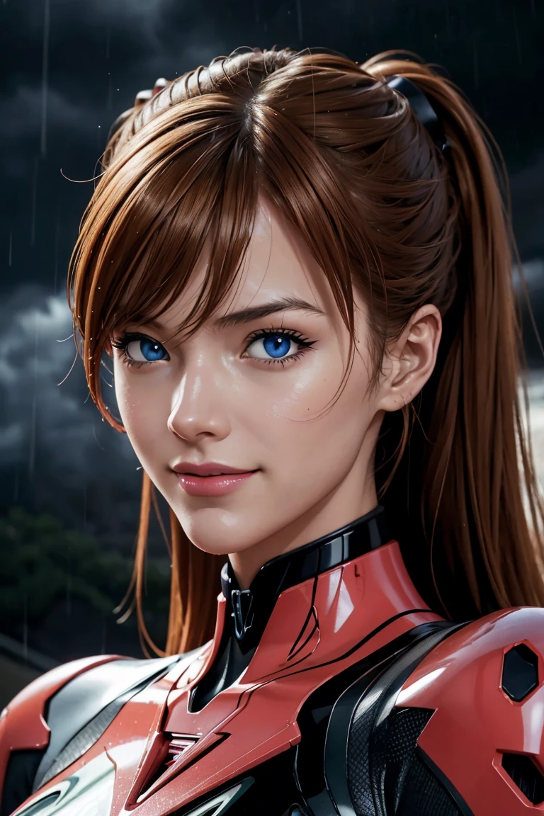 Evangelion,Asuka Langley,blue eyes,Plug Suit,Bodysuits,Interface Headset,赤いBodysuits,Ultra HD,super high quality,masterpiece,Digital SLR,Photorealistic,Detailed details,Vivid details,Depicted in detail,A detailed face,Detailed details,Super Detail,Realistic skin texture,Anatomical basis,Perfect Anatomy,Anatomically correct hand,Anatomically correct fingers,Complex 3D rendering,Sexy pose,Rainy Sky,Beautiful scenery,Fantastic rainy sky,Picturesque,Pink Lips,smile,