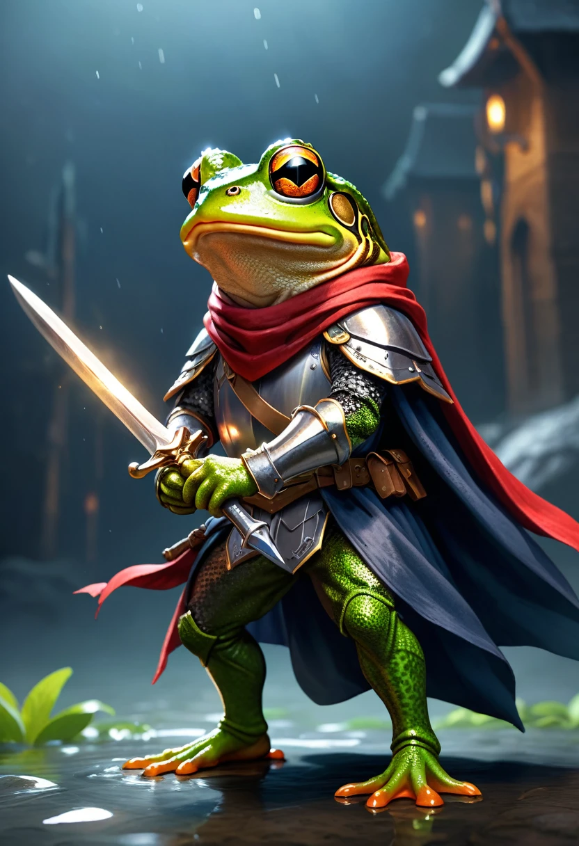 Knight Frog, Cool Frog, Pop Frog, Simple Background, Bandana, Epic Trident in Hand, ready for a fight, Brave, Cloak, Best Quality, Capture the Most Beautiful Moments, Depth of Written Edge, Super Detailed, Ultra High Resolution