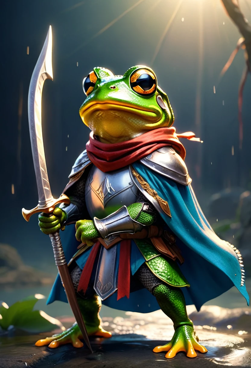 Knight Frog, Cool Frog, Pop Frog, Simple Background, Bandana, Epic Trident in Hand, ready for a fight, Brave, Cloak, Best Quality, Capture the Most Beautiful Moments, Depth of Written Edge, Super Detailed, Ultra High Resolution