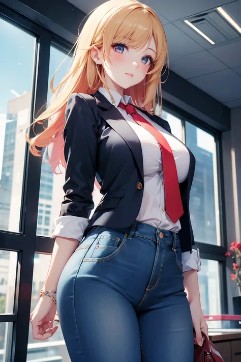 one girl , office wear , beautiful jacket , mini tight jeans , red tie , girl in office , outside the window view of futuristic ...