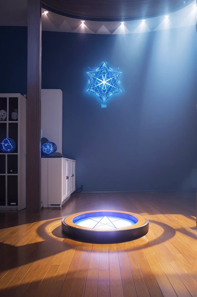 A glowing blue hexagram magic circle on the floor of the room.。Summoned Beautiful Girl。A dimly lit room filled with fog。