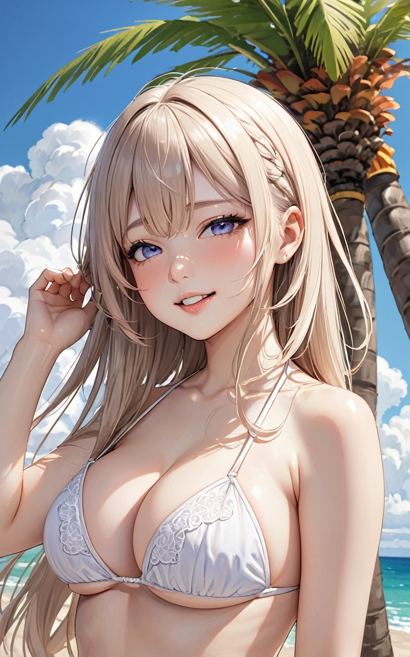 Highest quality、super high quality、16K, Delicious big breasts、The expression is a smile, The outfit is a bikini、The location is the beach、 Palm tree、cloud、Pose is supine、 Hair color is random、Hair length is short、The angle is from the top、Close-up shot of the subject、Small face、Very delicate facial expressions、Delicate eye depiction、Highly detailed hair、Erotic、18-year-old female、Glowing Skin、Soft Skin、