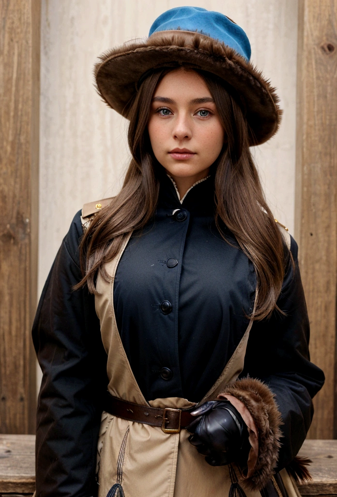 Young woman, dark blonde hair, brown eyes. She lives in 1899. She wears a feathered hat of a general of the 7th Cavalry. Her jacket is blue brown.