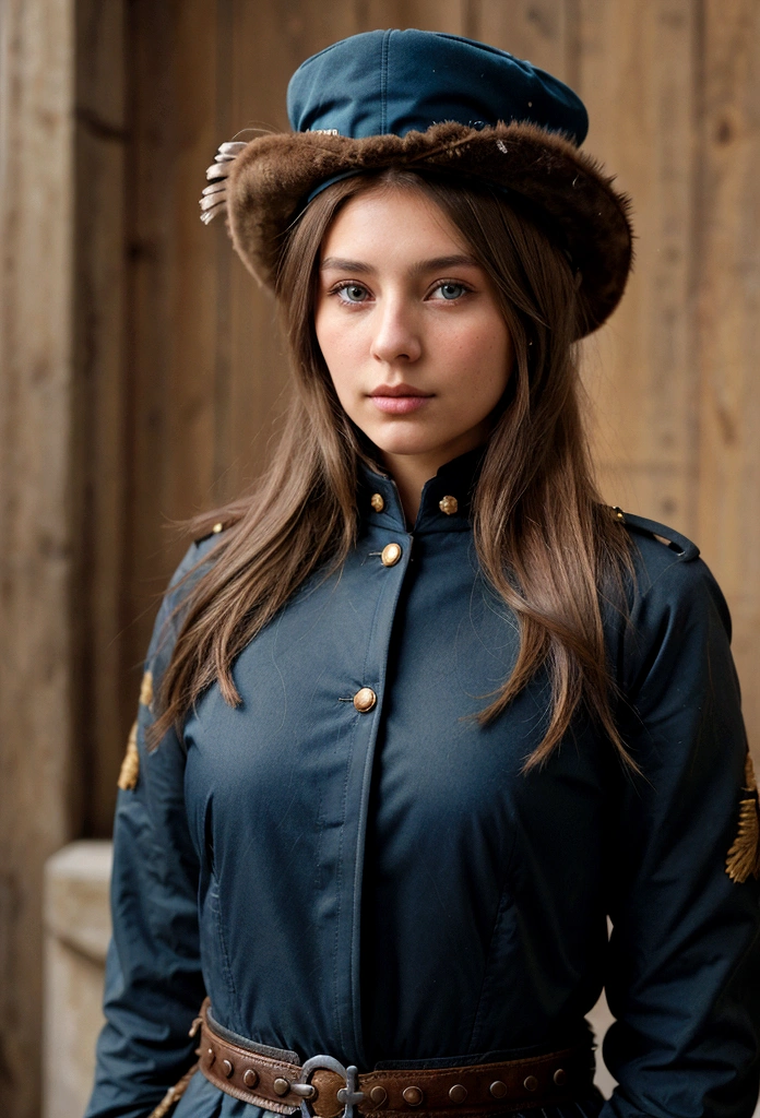 Young woman, dark blonde hair, brown eyes. She lives in 1899. She wears a feathered hat of a general of the 7th Cavalry. Her jacket is blue brown.