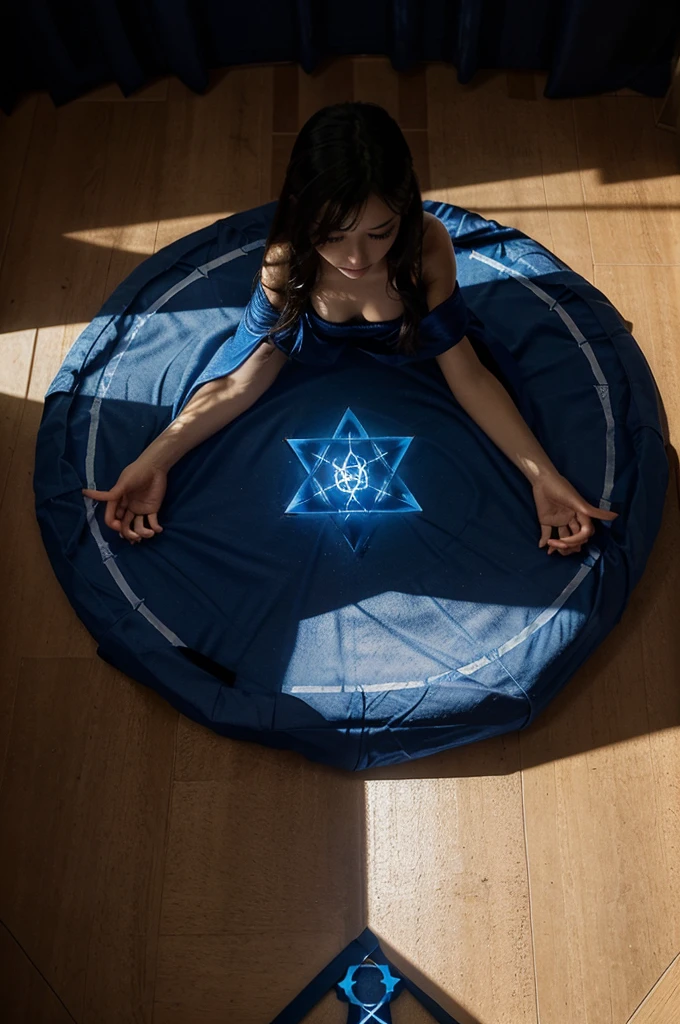 A glowing blue hexagram magic circle on the floor of the room.。Summoned Beautiful Girl。A dimly lit room filled with fog。