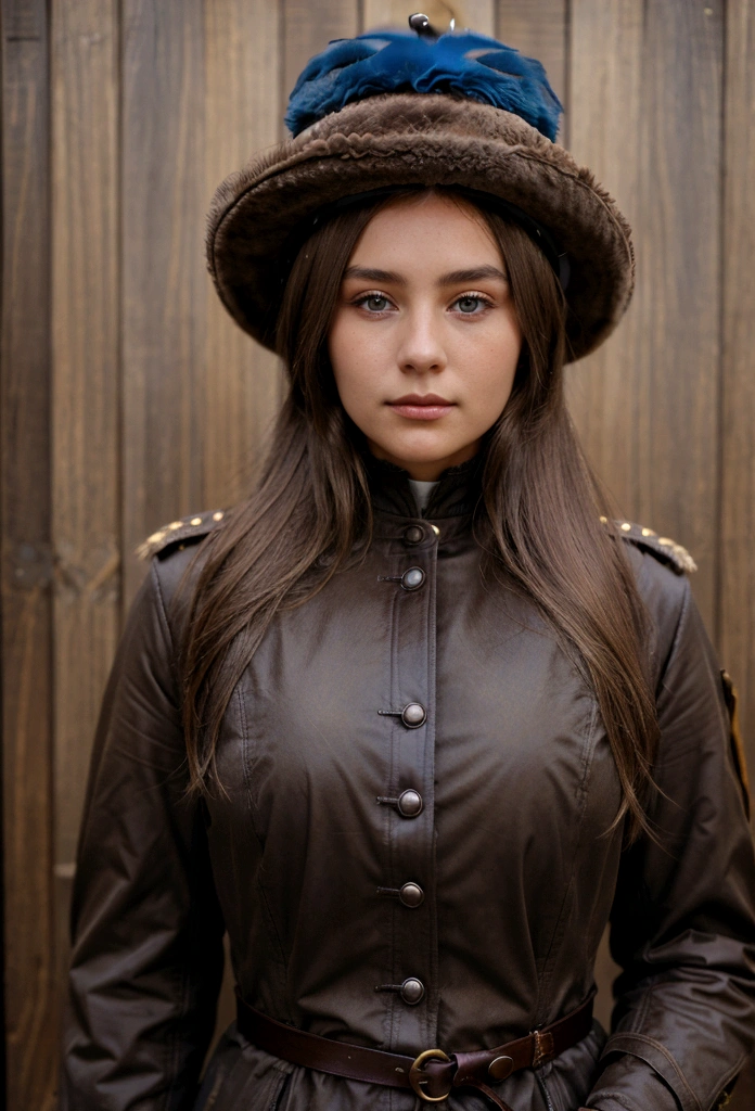 Young woman, dark blonde hair, brown eyes. She lives in 1899. She wears a feathered hat of a general of the 7th Cavalry. Her jacket is blue brown.