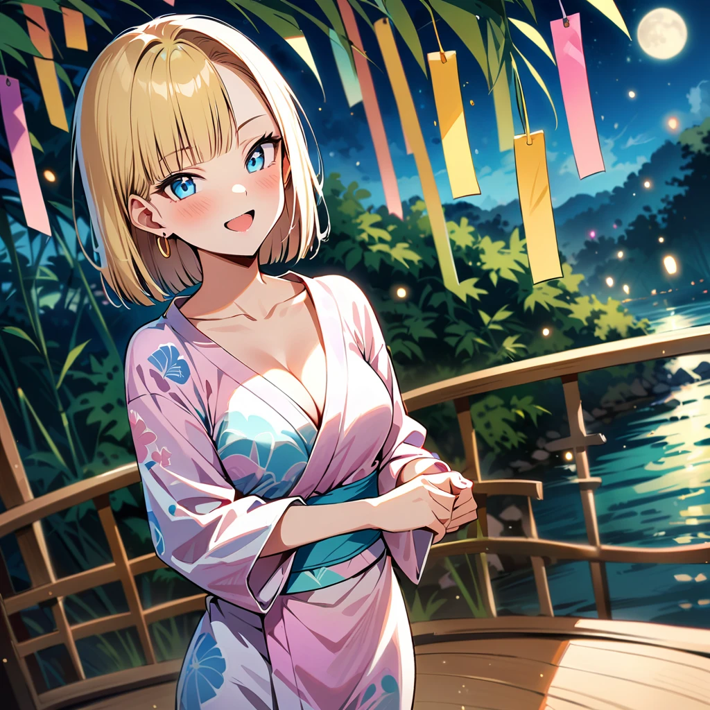 (masterpiece, best quality:1.2), 1girl, (solo), Android 18 from Dragon Ball, ((pastel kimono)), (standing), medium breasts, blunt bangs, short blonde hair, (blue eyes), earrings on earlobes, slim, slender feminine figure, skinny body, blush, sky, magnificent view, blur background, 4K, open mouth, river, smile, (own hands together), (Tanabata), night, moon, collarbone, cleavage, outside, a strip of paper, bamboo forest,