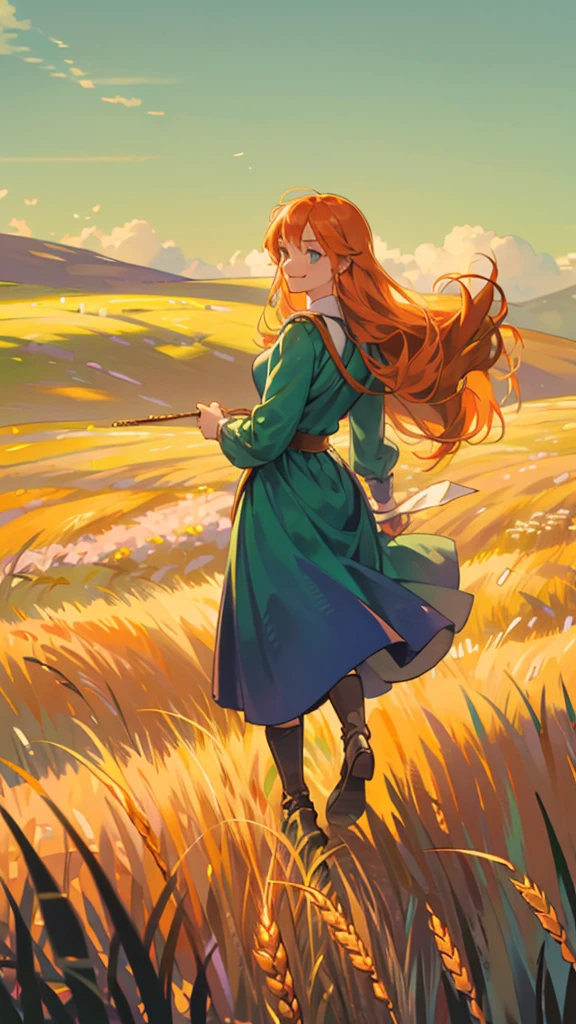 1 girl, solo, long orange hair, running, (high wheat field), turning around, emerald eyes, long blue dress, middle ages, medieval outfit, long sleeves sunset, light from behind, shadow on the figure, smile, laughter, (blue sky), against the background of wheat, standing in the distance, looking at the viewer, full-length