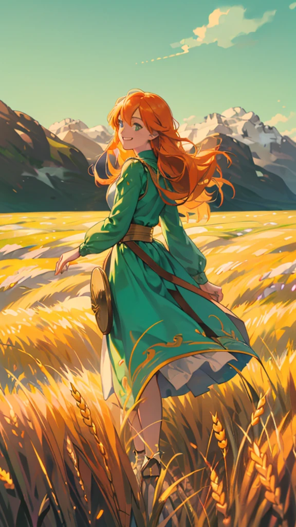 1 girl, solo, long orange hair, running, (high wheat field), turning around, emerald eyes, long blue dress, middle ages, medieval outfit, long sleeves sunset, light from behind, shadow on the figure, smile, laughter, (blue sky), against the background of wheat, standing in the distance, looking at the viewer, full-length