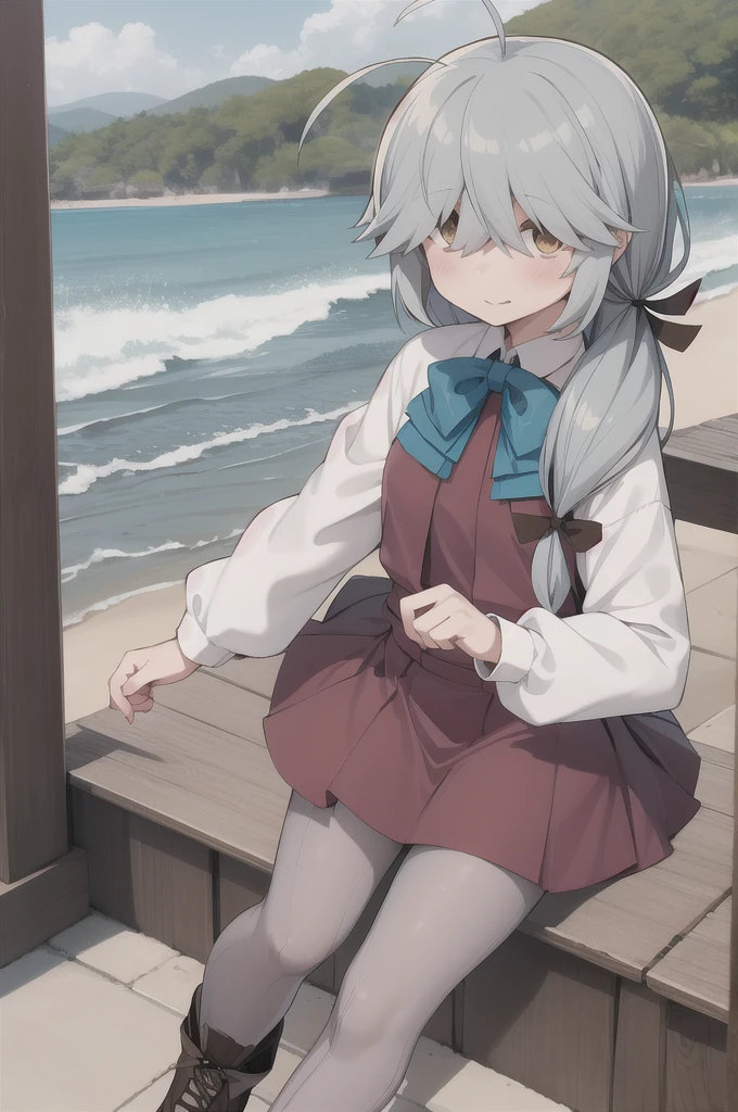 One girl, alone,  
Hama Wave \(Kantai Collection\), Ahoge,
Hair above the eyes, Hair on one eye,
Hair Ribbon, Single Blade, Hair that falls over the shoulders,
, dress, Halter neck, White shirt, bow, bowtie, Grey pantyhose, boots, Brown footwear,
Outdoor,