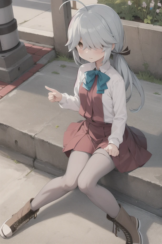 One girl, alone,  
Hama Wave \(Kantai Collection\), Ahoge,
Hair above the eyes, Hair on one eye,
Hair Ribbon, Single Blade, Hair that falls over the shoulders,
, dress, Halter neck, White shirt, bow, bowtie, Grey pantyhose, boots, Brown footwear,
Outdoor,