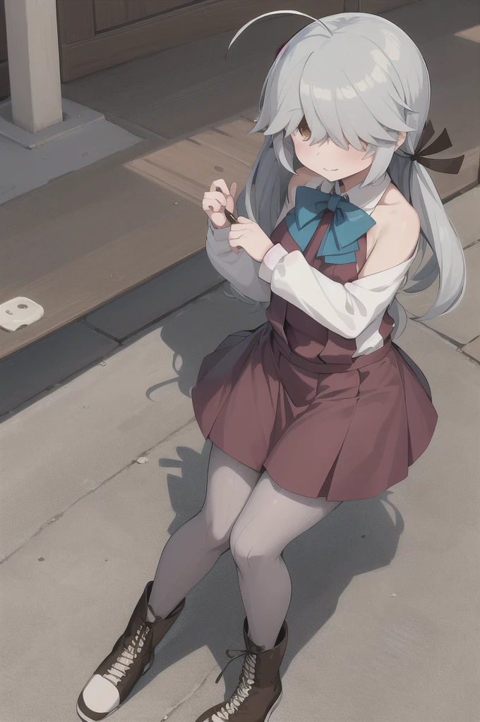One girl, alone,
Hama Wave \(Kantai Collection\), Ahoge,
Hair above the eyes, Hair on one eye,
Hair Ribbon, Single Blade, Hair that falls over the shoulders,
, dress, Halter neck, White shirt, bow, bowtie, Grey pantyhose, boots, Brown footwear,
Outdoor,
